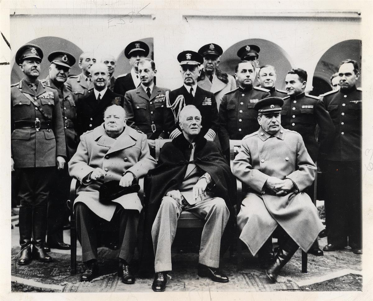 (YALTA) A suite of 7 photographs from the Yalta Conference with Winston Churchill, Franklin D. Roosevelt, and Joseph Stalin.